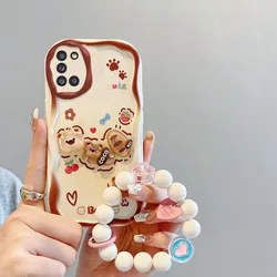 3D Cartoon Cream Bear Phone Case with Wristband Chain and Soft Toy Cover for Galaxy M02s (Brown)