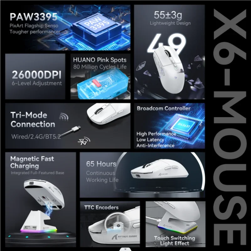Attack Shark X6 PixArt PAW3395 Mouse Bluetooth Tri-Mode Connection RGB Touch Magnetic Charging Base Macro Gaming Mouse