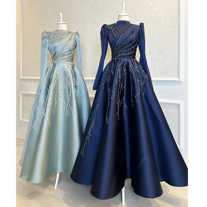 

Elegant Navy Satin Beaded Long Sleeve Muslim Evening Dresses Moroccan Caftan High Neck Formal Party Ball Gowns Robe De Soire