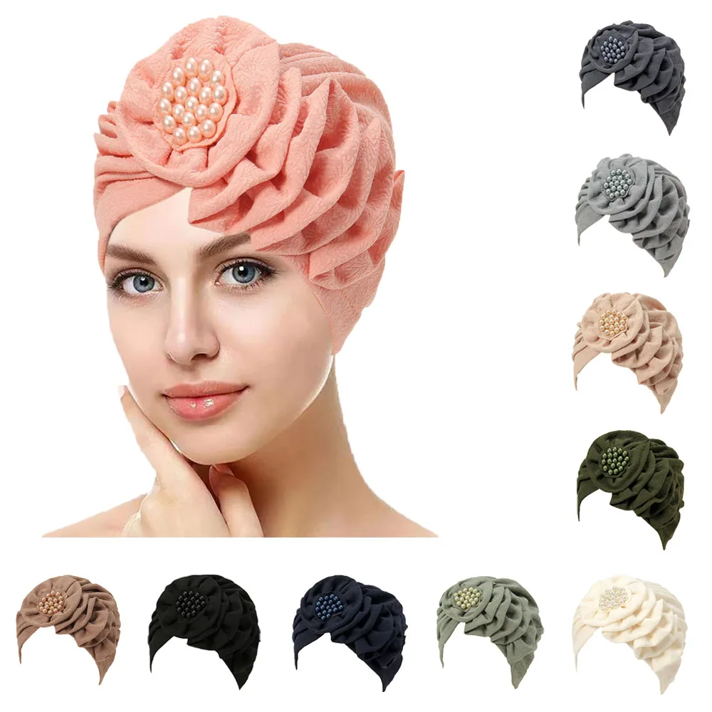 

Fashion Muslim Hijab Women Indian Turban Flower Ruffles Pearl Chemo Caps Strech Hair Loss Hat Inner Beanies Headwrap Scarf Cover
