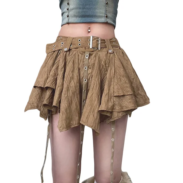 Women Solid Color Mini Skirts Low Waist Irregular Hem Strappy  