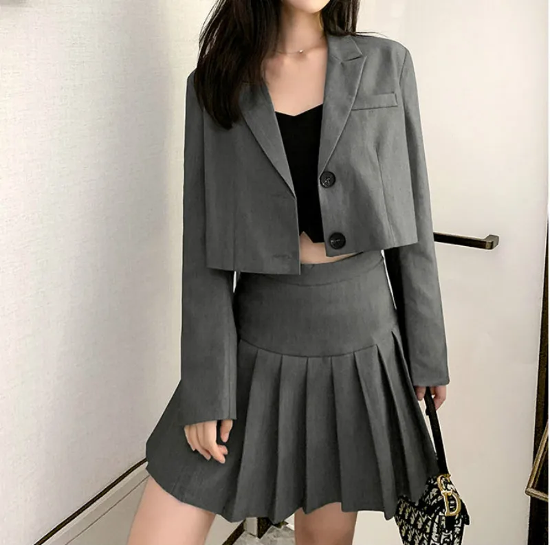 2023 Women's Jacket Student Pleated Skirt Suit Female Silver Grey Blazer Lady Office Work Suit Long Sleeve Blazers Short Dress