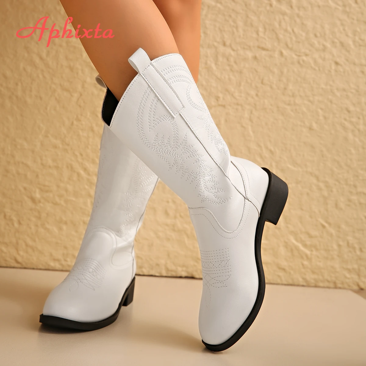 Aphixta Embroider Mid-Calf Modern Boots 3.5cm Square Heel Totem Design Long Boot Shoes Round Toe Black Big Size 43 Western Boot