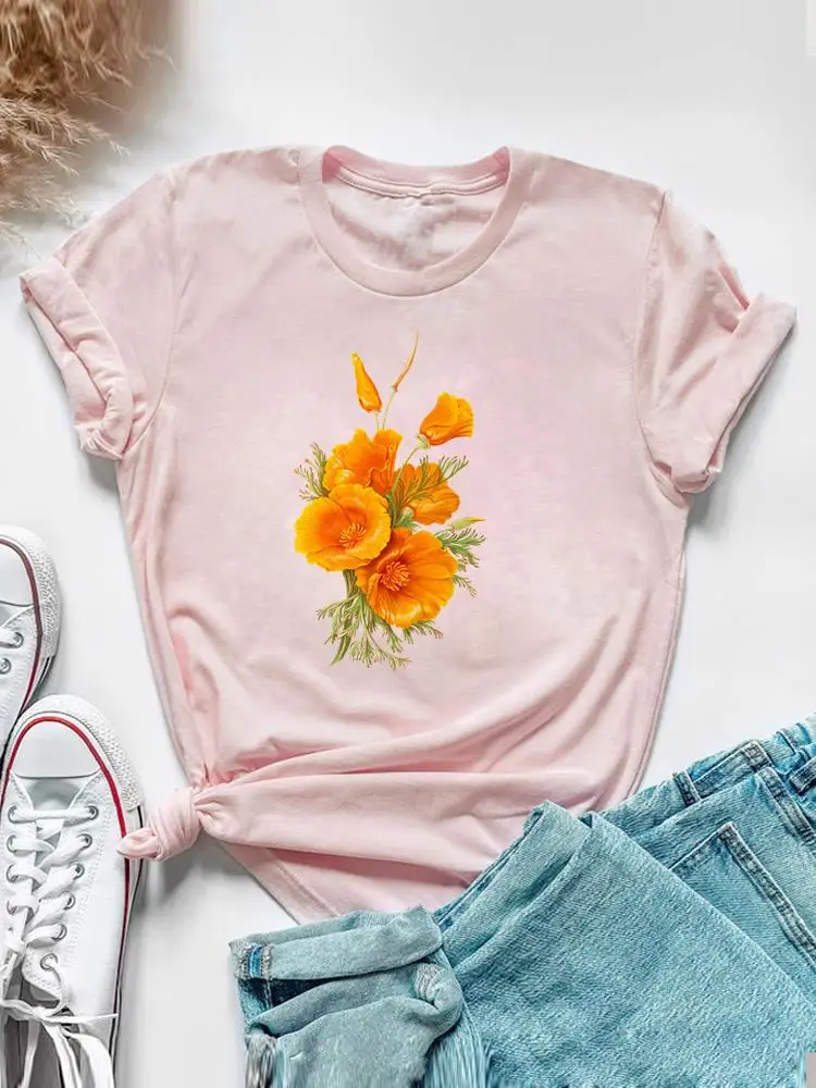Sweet Watercolor Flower 90s Clothing Short Sleeve Tee Top Summer Graphic T Shirt Women Fashion Casual Female Print T-shirt