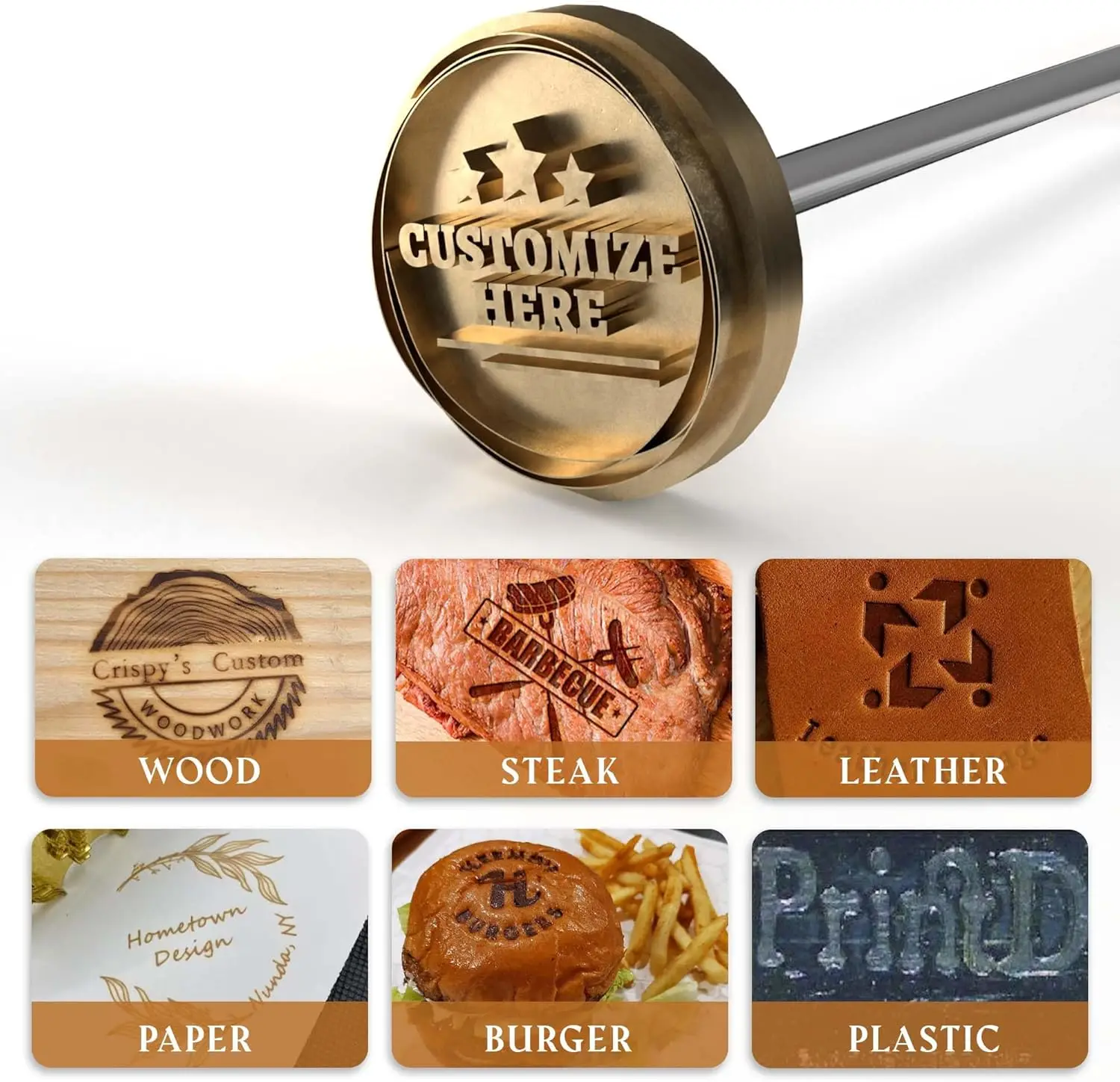 Custom Branding Iron Stamp DIY LOGO Heating Brass Embosser Seals Handle for Wood Leather Cake Hamburger Wedding Party Craft