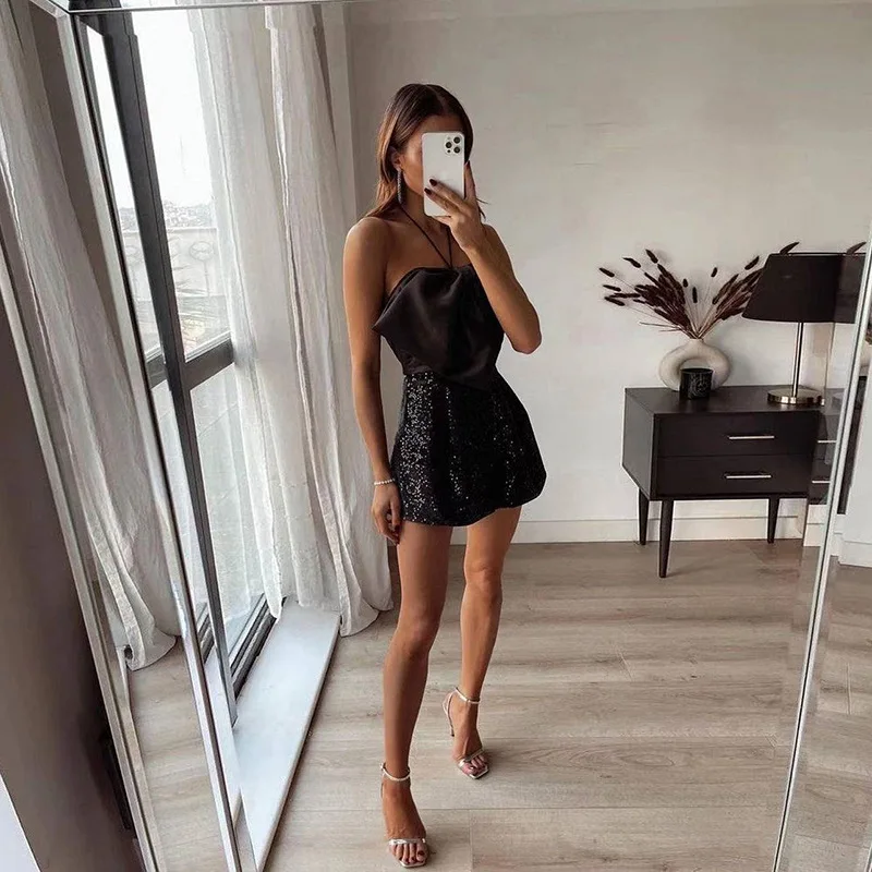 golf shorts Ins European and American style 2022 spring and summer new women's fashion hanging neck sexy one-sided shoulder open back slim f skorts