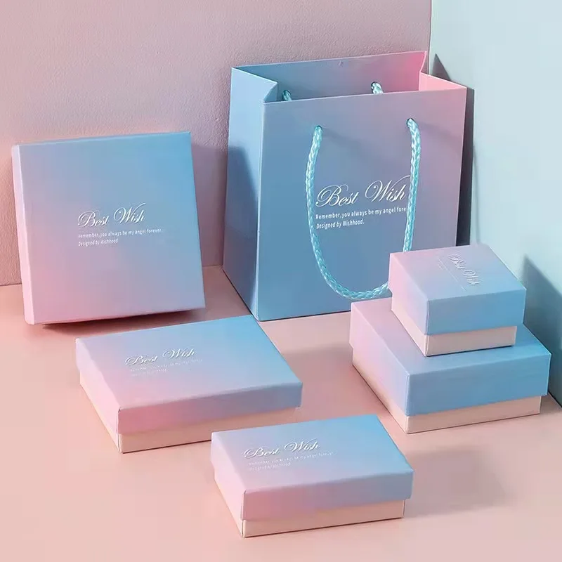 10Pcs Gift Packing Box Tote Bag for Halloween Christmas Jewelry Bracelet Holder Organizer Beautiful Pink Blue Gradient Ring Case