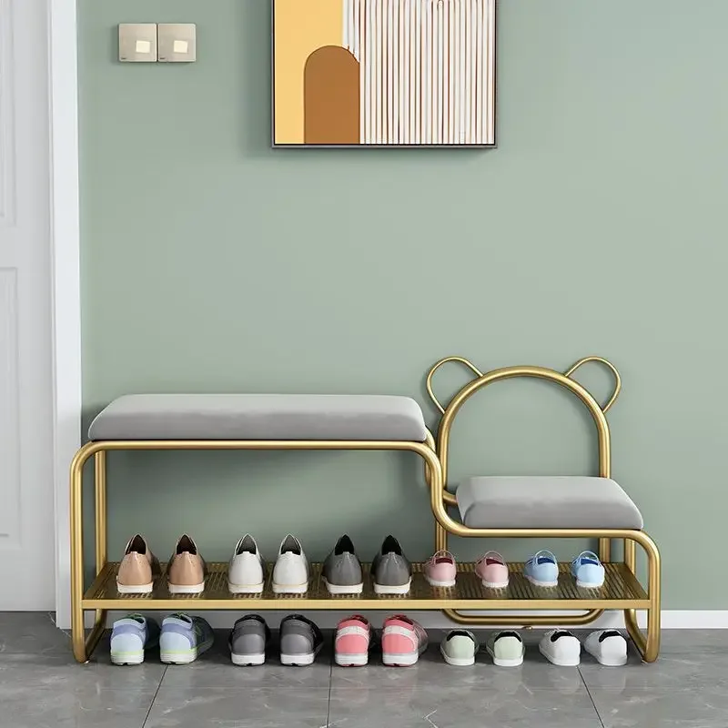 

Nordic Metal Rack Household Living Room Door Double-Layer Cabinet 2-In-1 Shoe Stool Sofa Stool Shoe Organizer