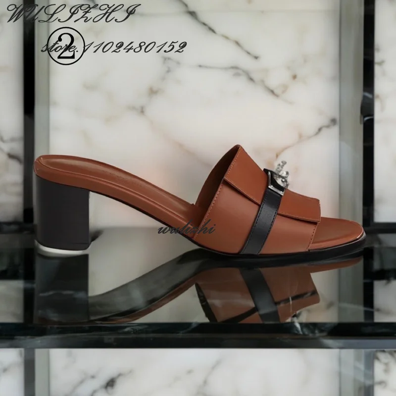 

Buckle Slippers Silver Metal Brown Black Belt Open Thick Low Heel Women's Sandals Green Suede White Casual Luxury Shoes Spring