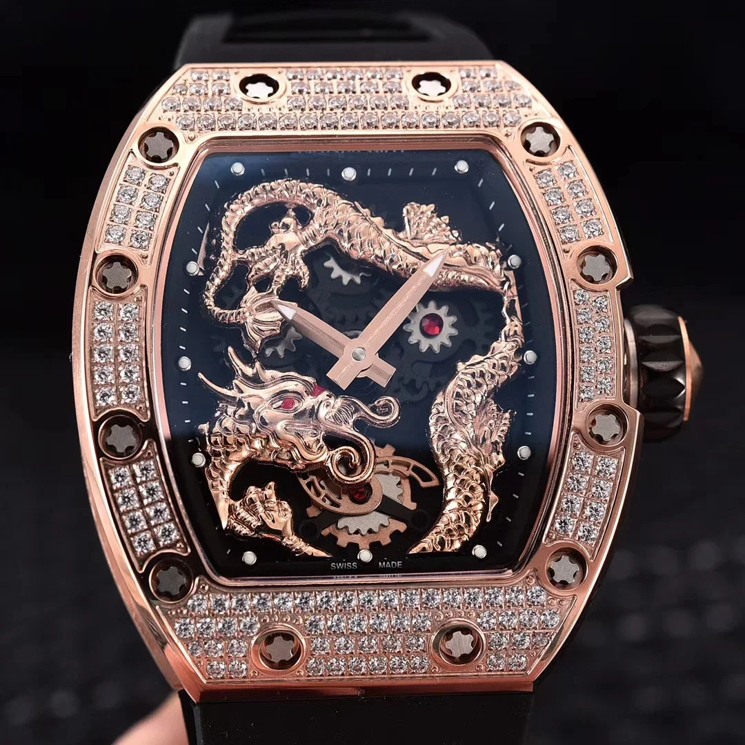 

Black Rubber Men Automatic Mechanical Dragon Phoenix Diamond Tourbillion Watch