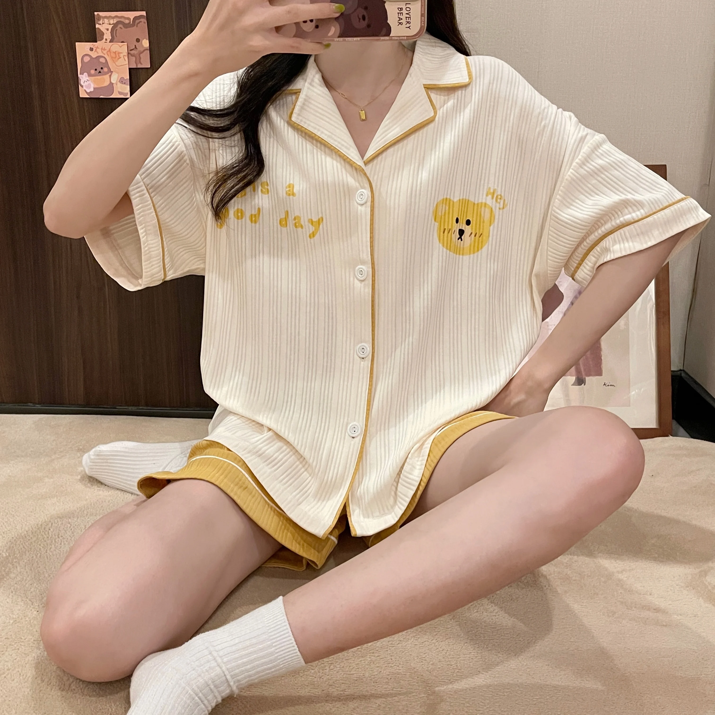 Summer new knitted cotton shorts pajamas ladies pit pattern cartoon bear lapel cardigan short-sleeved 2-piece casual home wear