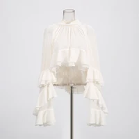 TWOTWINSTYLE – chemisiers transparents et amples pour femmes, col haut, manches longues, Patchwork, volants, plis, chemisier élégant, vêtements féminins 3