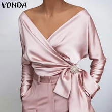 

VONDA Elegant Women Fashion Blouse Solid V Neck Tops Sexy Party Blusa Shirts Femme Clothing Spring Long Sleeve Chemise Femininas
