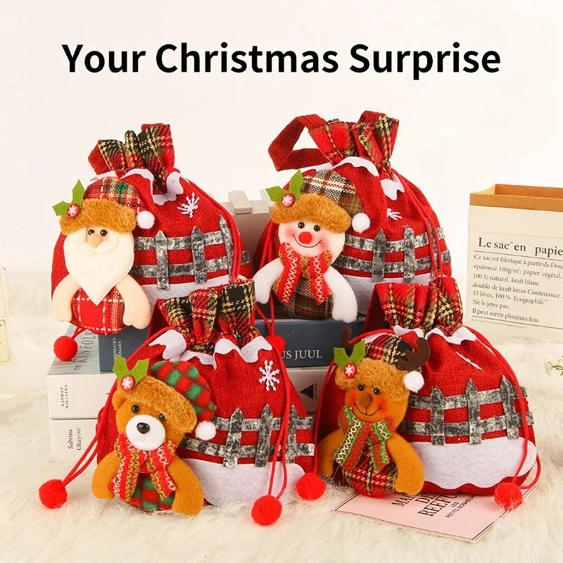 

4 шт., рождественские подарки, сумки для кукол, сумки для подарков на Рождество, Полиэстеровые рождественские вязаные подарочные пакеты для кукол, кукла Санта-олень