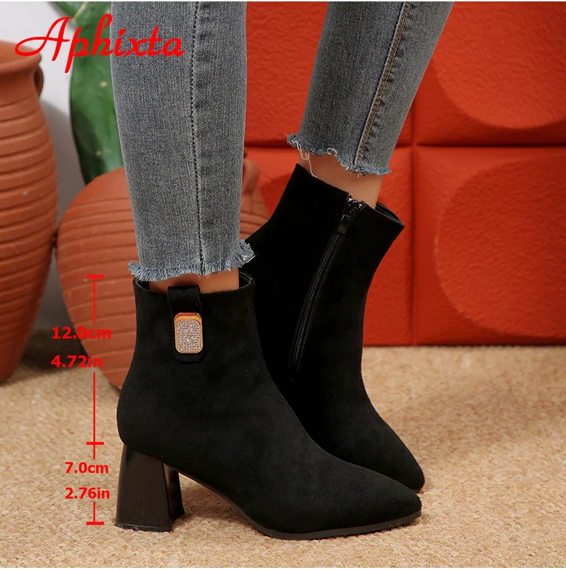 Aphixta 7cm Square Heels Ankle Boots High Quality Suede Pointed Toe Woman Shoes Crystals Zipper Modern Boot Ladies Footwear