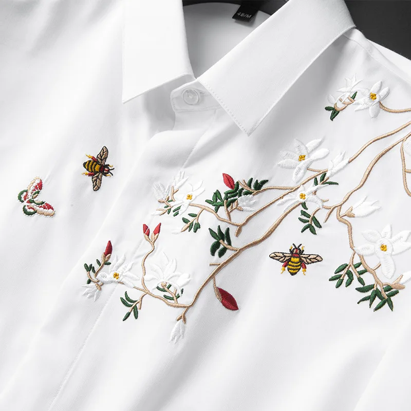 Mens Dress Shirt Flower And Bird Embroidered Luxury Men's Long Sleeve Spring And Autumn Slim Fit Anti Wrinkle Trend Evening Dress Top