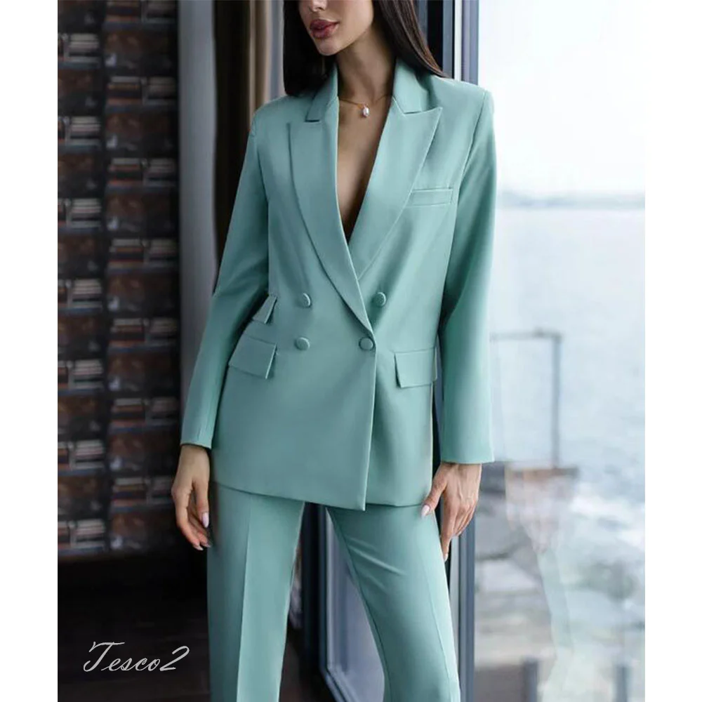 Tesco New Pants Sets For Women Elegant Double Breasted Blazer Trousers 2 Piece Formal Women's Suits For Office Lady Custom Suits