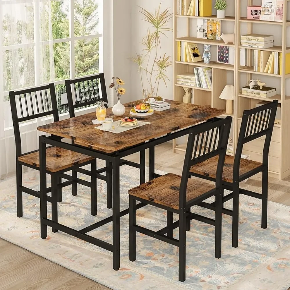

Home Furniture 47.2 Inch Kitchen Table Set for 4 Small Space Rustic Brown Industrial Dining Table With 4 Curved Chairs Set Room
