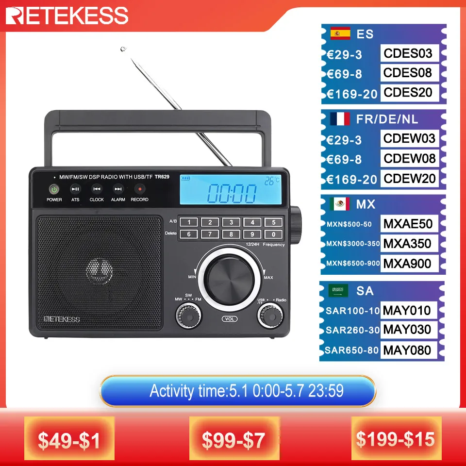 

Retekess TR629 Portable Radios AM FM SW Rechargeable All Waves Radio Multiband Shortwave Full Band Radio Mp3 Speaker Alarm Clock