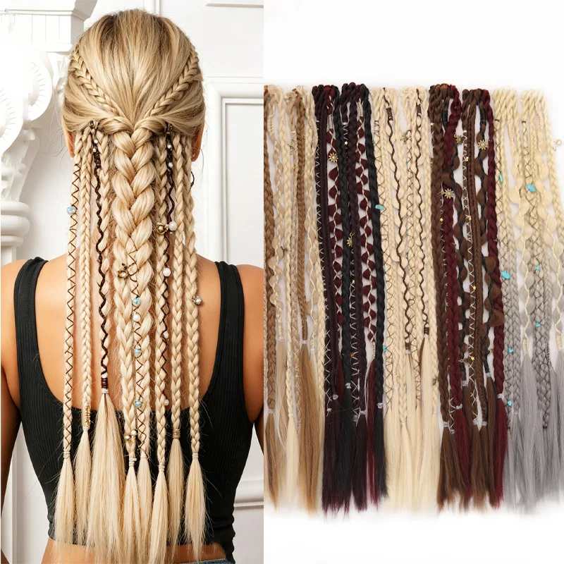 Bohemian Long Hair Braid Hand Woven Wig Braid with Decorative Hair Accessories Easy to Wear Synthetic Hair Clip Braid synthetic 1