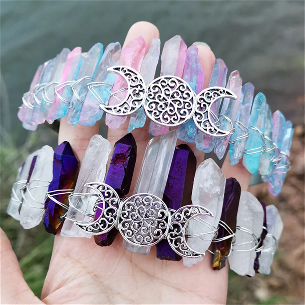 Charm Natural Crystal Wicca Moon Hair Accessories Women Witch Girl Crown Handmade Raw Quartz Headdress Gothic Prom Tiara Jewelry