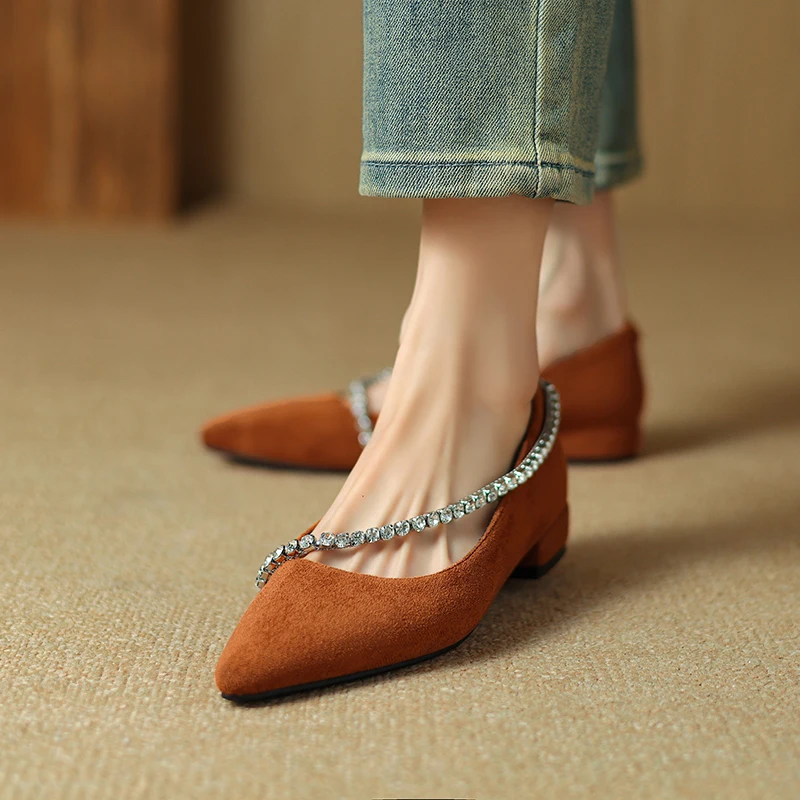 Women's Crycle Chain Pumps Pointed Toe Comfy Square Heels Shoes Flock Casual Footwear