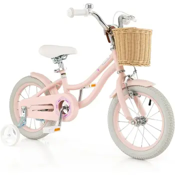 Children's Bike, 14-18 Inch with Training Wheels, Basket, Adjustable Seat & Handlebar, Hand Brakes, Suitable for Ages 3-8