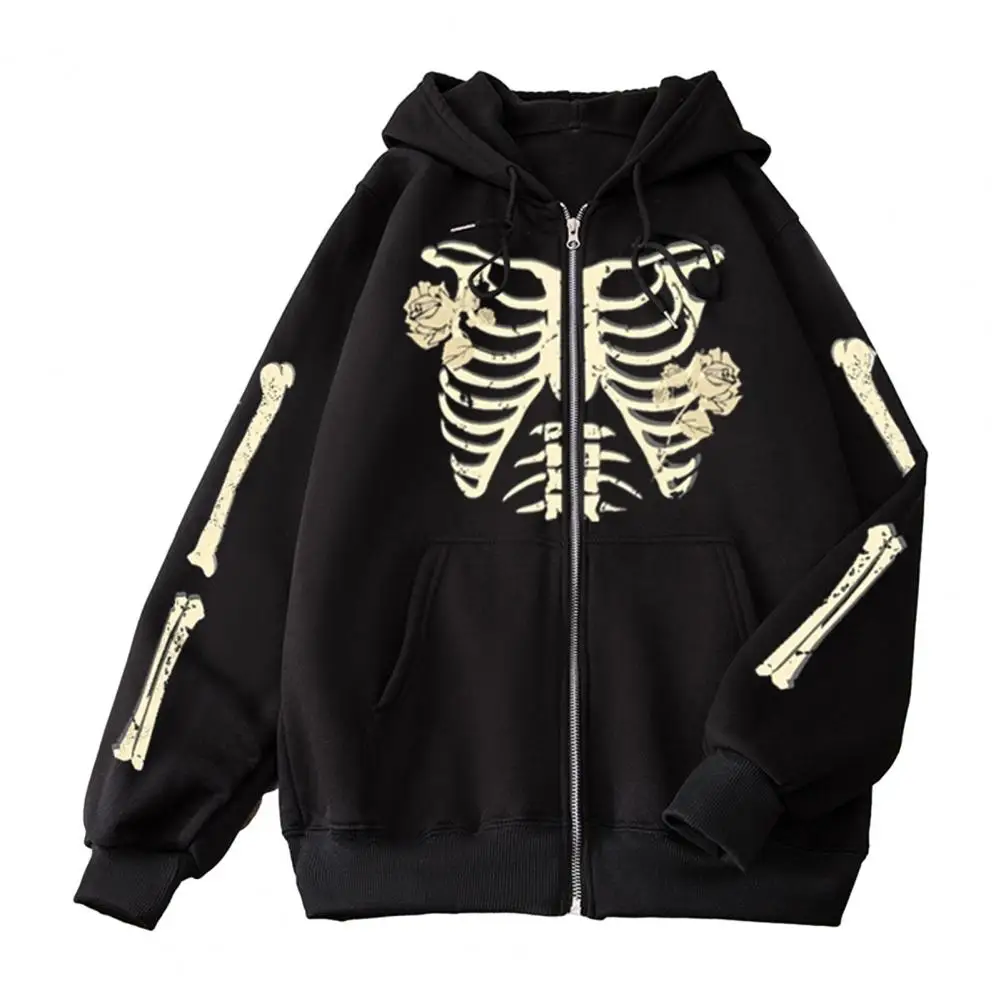 

Hooded Drawstring Coat Zipper Closure Sweatshirt Coat Skull Print Hoodie Coat Hop Style Sweatshirt Jacket with Zipper for Women