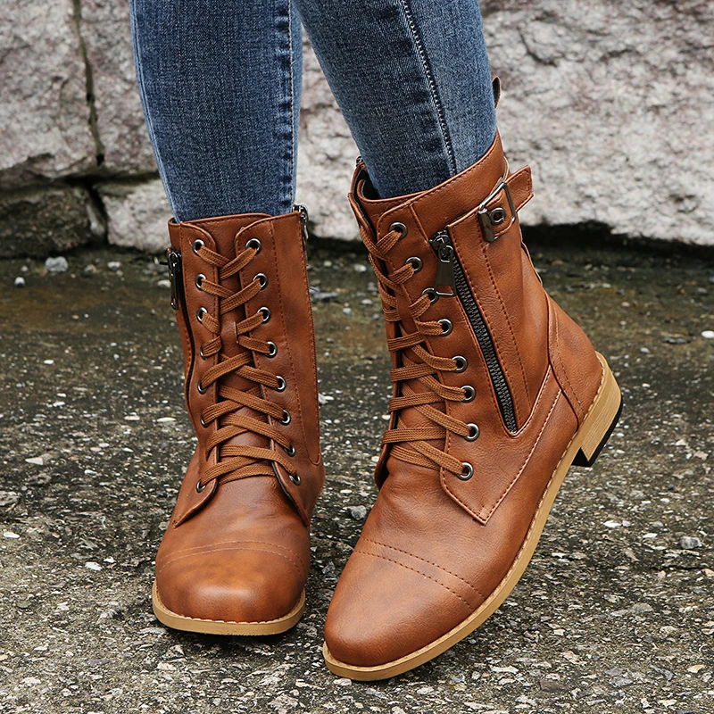 

Shoes for Women 2023 Plus Size Women's Boots Mid-Calf Side Zip Boots Women Round Toe Lace-up Belt Buckle Low Heel Shoes Ladies