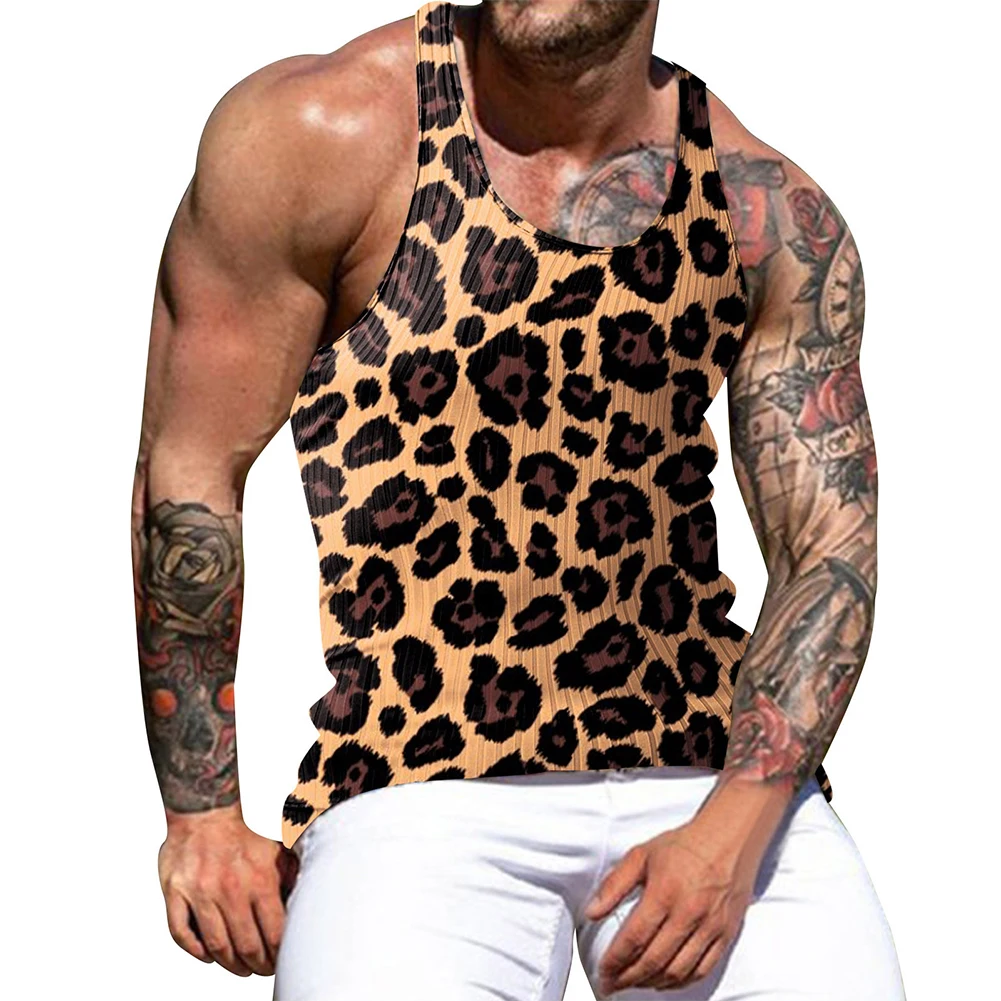 

Men's Print Muscle Vest Bodybuilding Gym Fitness Tank Tops Male Sleeveless Leopard T-Shirts Male Workout Undershirts Colorful