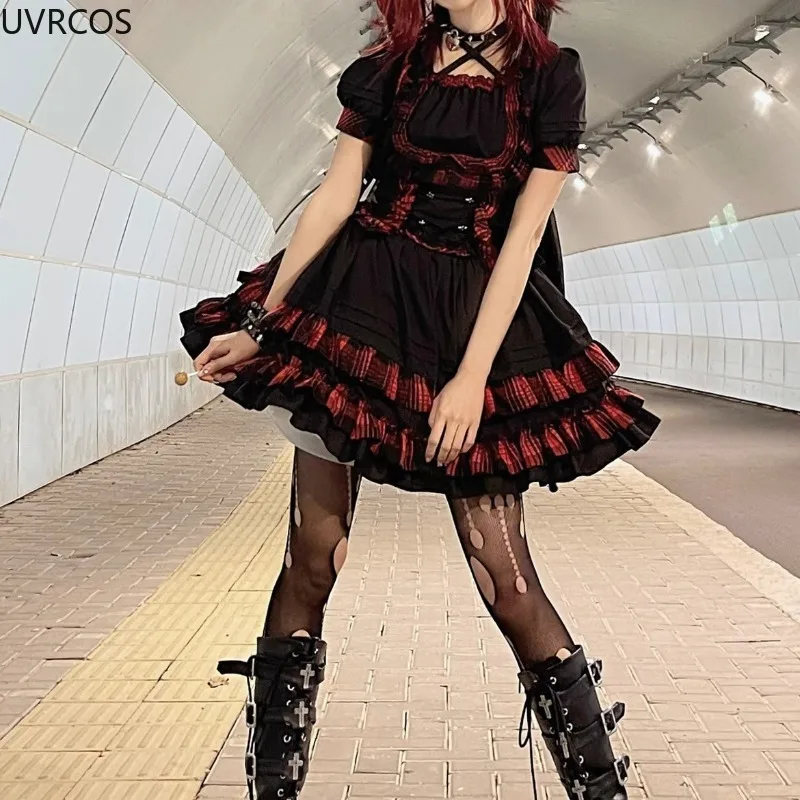 Harajuku Gothic Plaid Lolita Dress Set Women Victorian Lace Crop Tops Ruffles Mini Cake Skirt Kawaii Y2k Cosplay Hot Girls Suit
