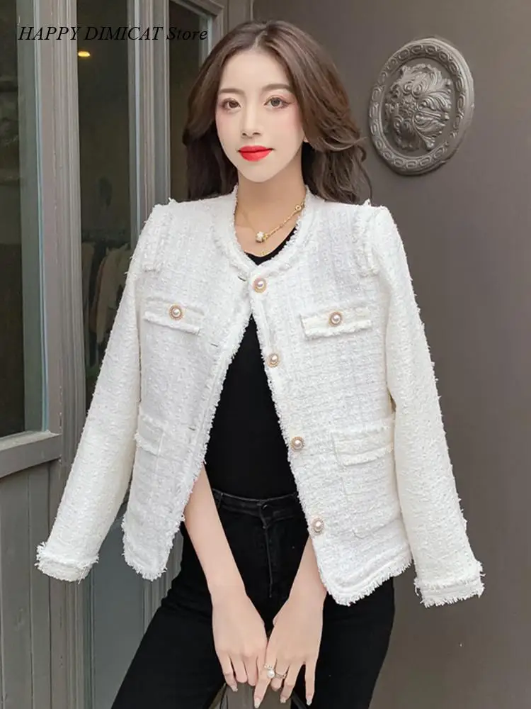 Vintage Woven Tassel Short Outwear Tops Autumn New Temperament Ladies O-neck Pearl Buttons Tweed Jacket Coat Women