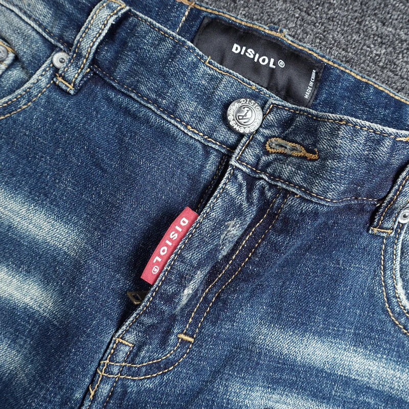 Streetwear Fashion Men Jeans Camouflage Pocket Designer Retro Blue Stretch Slim Ripped Jeans Men Spliced Hip Hop Pants Hombre