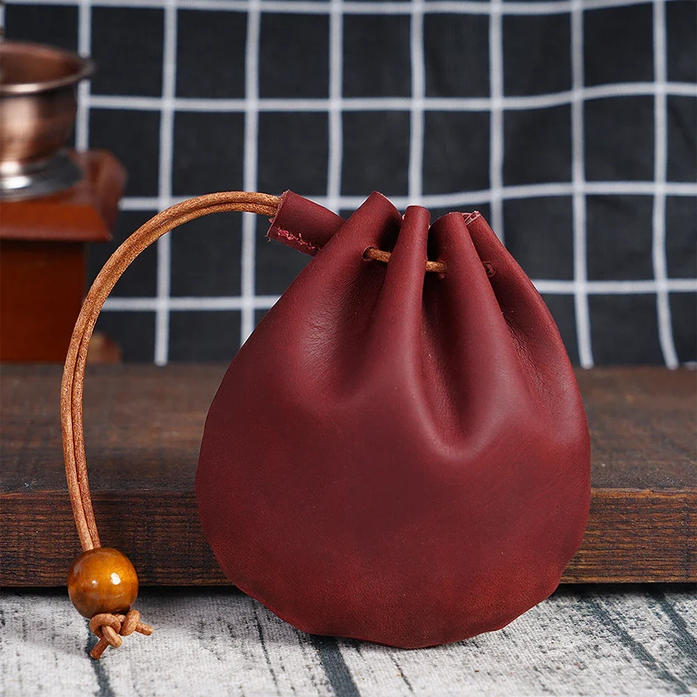 Moterm Original Handmade Genuine Leather Unisex Coin Purse Cow Leather Coins Money Pocket Retro Wallet Drawstring Storage Bag