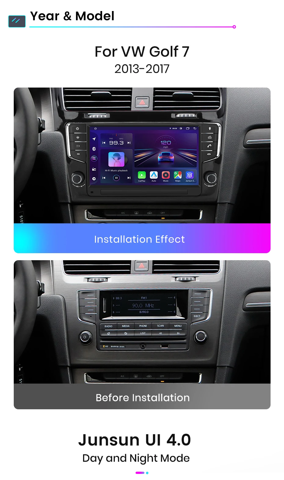 Junsun 9 "Wireless Carplay Android Auto Auto Radio für Volkswagen Golf 7 2013 2014-2017 Stereo GPS multimedia Player 4G FM SWC – Detail 4