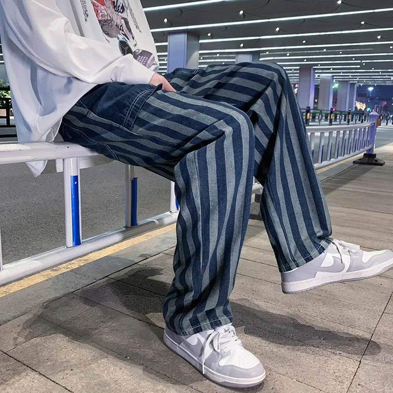 Men's Blue Striped Baggy Jeans 2022 Spring New Korean Fashion Y2k Style Denim Straight Wide Leg Pants Male Branded Trousers