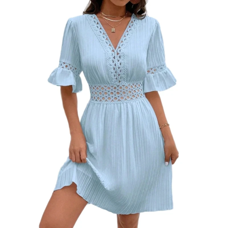 

Womens Vneck Flared Sleeve Minis Dress Highs Waist Flowys Swing A Line Dress Gifts