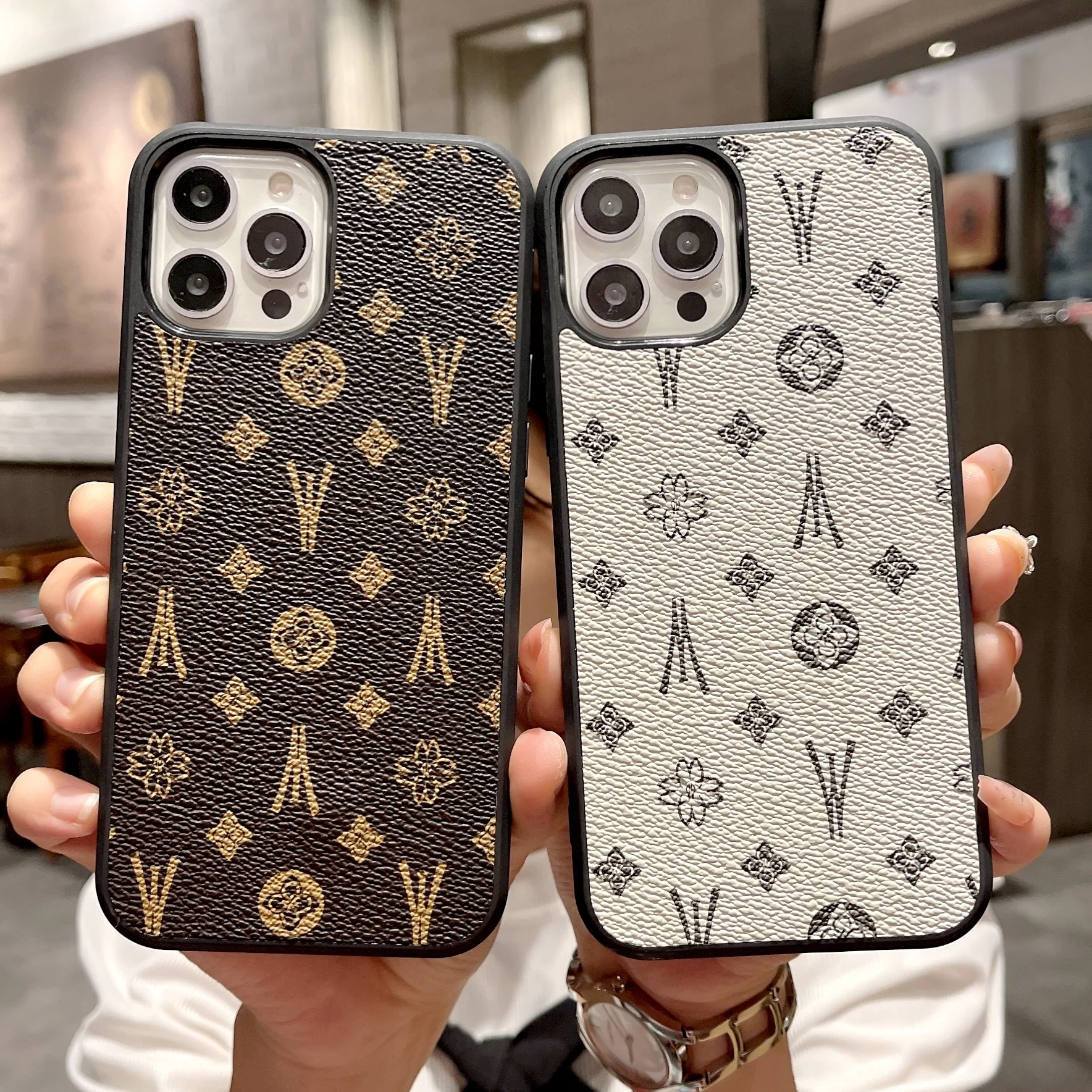 Coque de téléphone carrée en cuir avec motif géométrique, coque souple,  fleur de luxe, iPhone 14