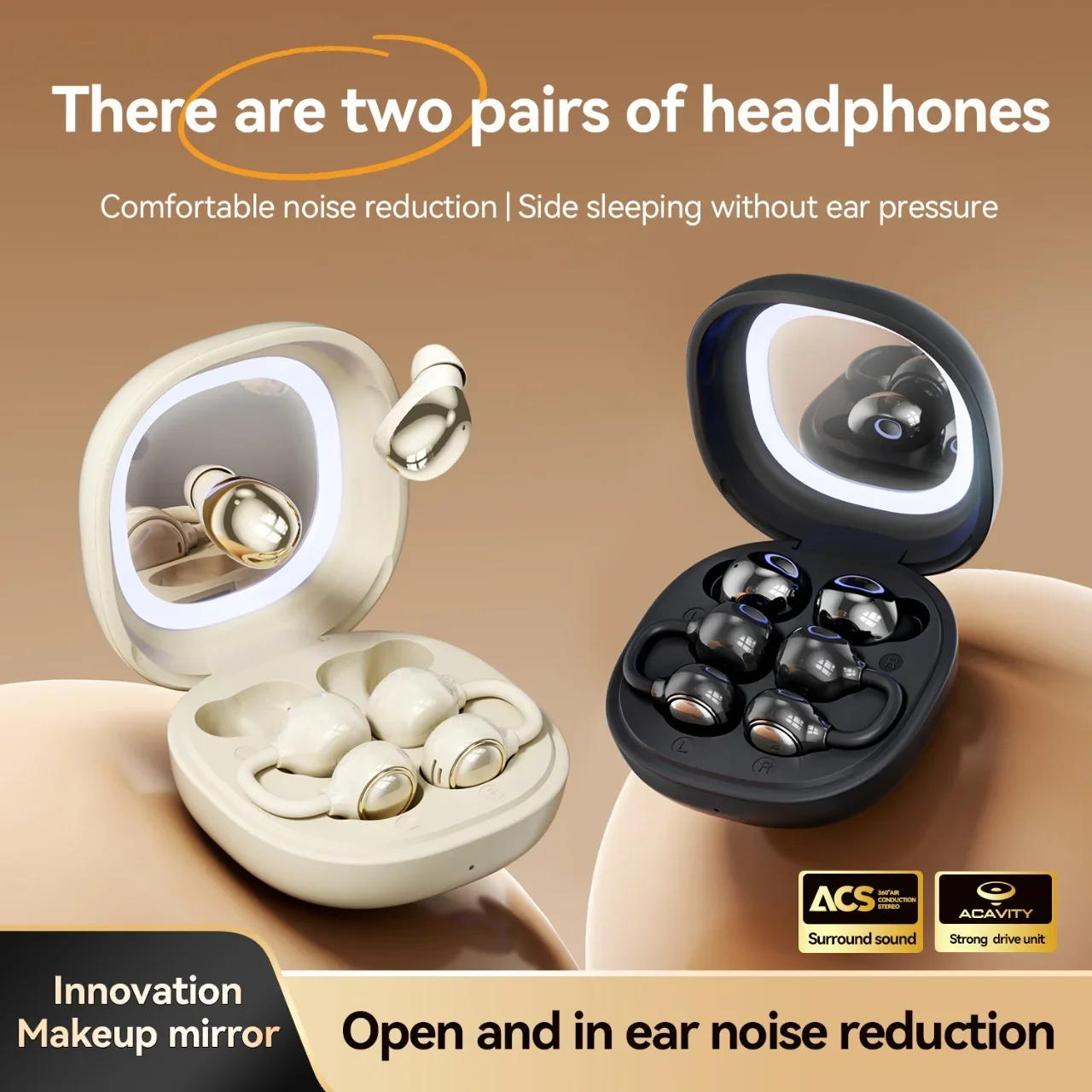 Noise Cancelling Wireless Bluetooth Ear Clip Earbuds with Makeup Mirror Charging Case - Sport Edition