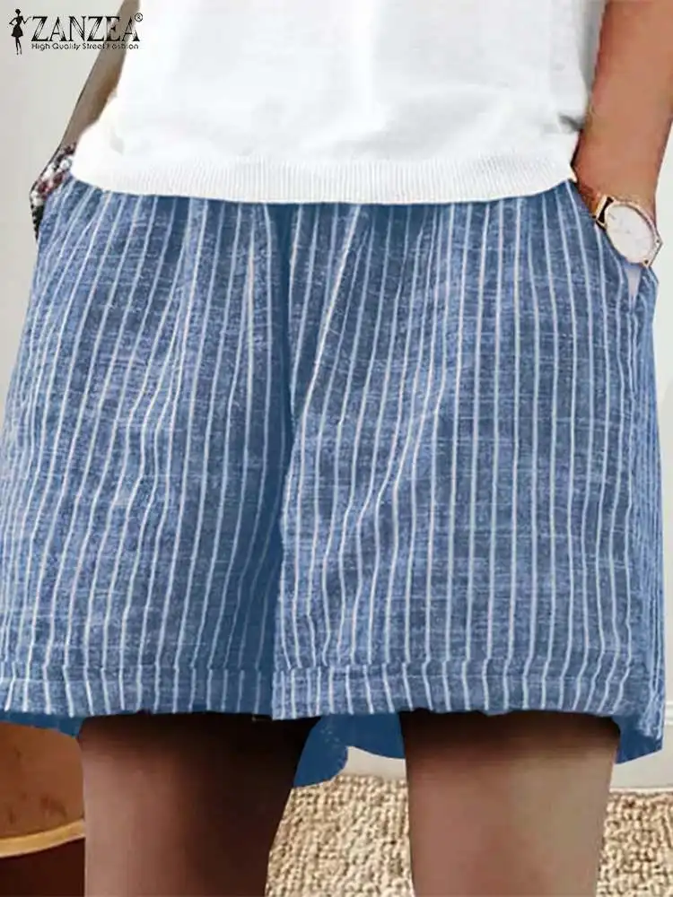 

ZANZEA Women Elastic Waist Beach Shorts Fashion Stripe Short Pants Sports Shorts Vintage Loose Wide Leg Trousers Female Pantalon