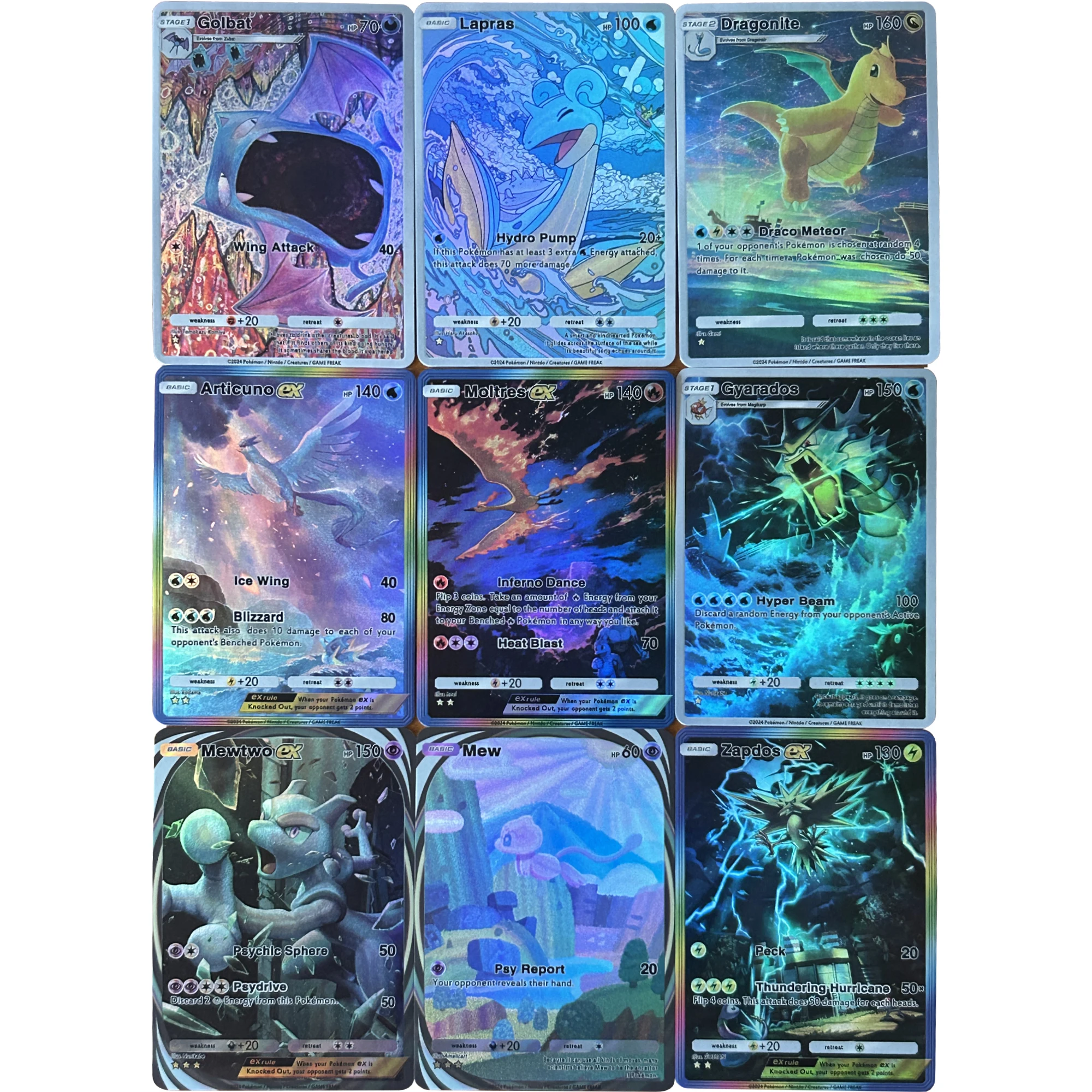 9Pcs/set Ptcg Mew Mewtwo Zapdos Gyarados Lapras English Version Texture Flash Card Classic Anime Game Collection Cards Gift Toy
