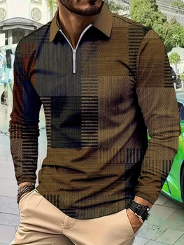 Polo a maniche lunghe da uomo con colletto, top sportivo casual con cerniera, t-shirt sottile stampata