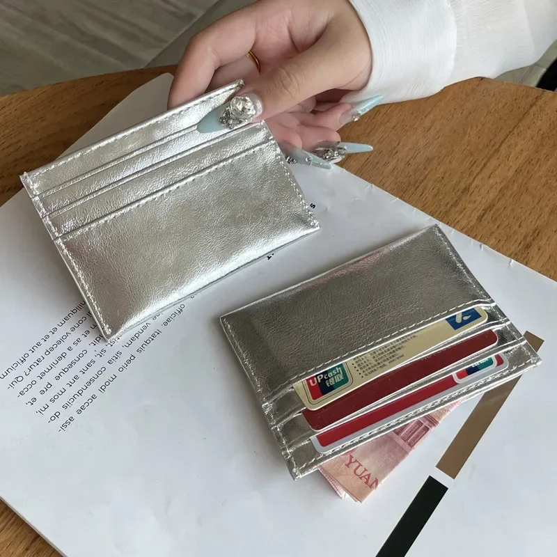 New Silver Genuine Leather Ultra-thin Card Holder Large Capacity Multi-card Slot Bank Credit ID Bag Mini Cute Wallet for Women