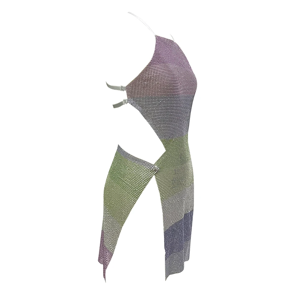 

YOUR BUMP CURVE Multi-color Rhinestone Metal Hollow Perspective Halter Backless Waist Adjustment Big Slit Mini Sexy Women Club