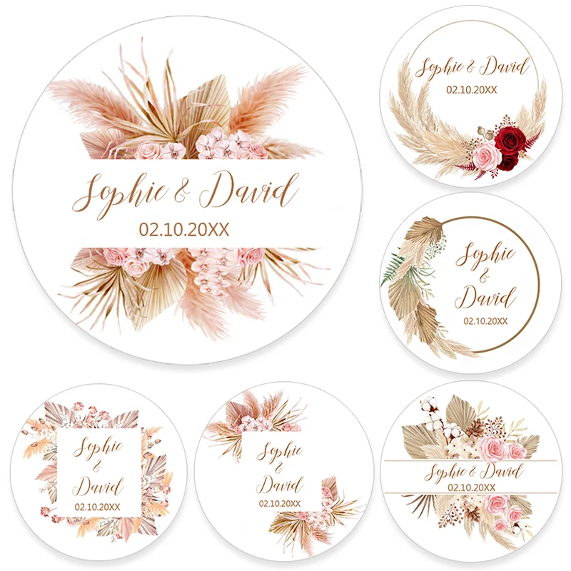 Pampas Grass Wedding Sticker Customize Wedding Labels Personalise Baptism Birthday Sealing Sticker Party Decor Supplies