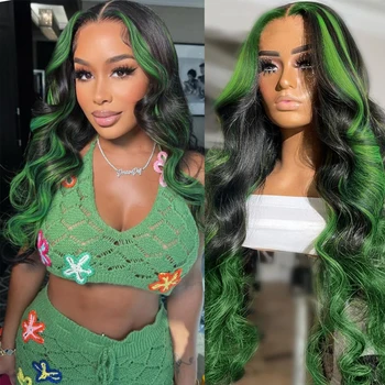 Black and Green Highlight Wig Human Hair 13x4 Body Wave Lace Frontal Wigs Ombre 13x6 Green Lace Front Wig Human Hair Pre Plucked 1