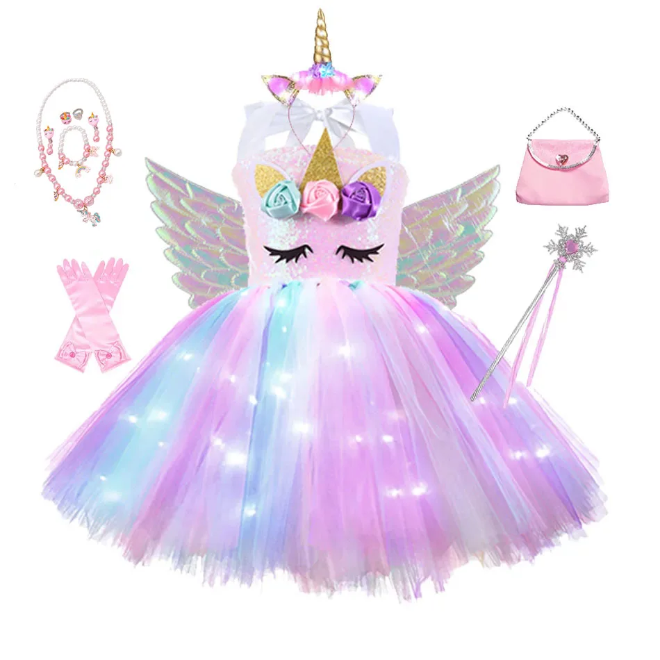 Girls Shiny Unicorn Tutu Dress Glowing Kids Unicorn Dresses For Girls Hallowmas Party Princess Dress Children Clothing vestidos