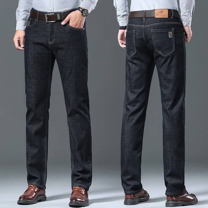 Autumn Winter Men Classic Fleece Jeans Male Business Fashion Casual Slim Stretch Lambswool Pants Winter Warm Thermal Trousers