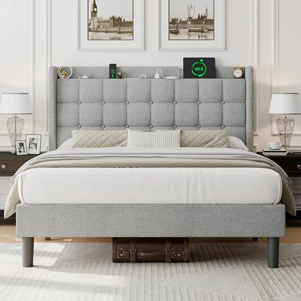 Queen Bed Frame with Charging & Storage, Upholstered Platform Bed with Button Tufted Wingback Headboard, Heavy-Duty Foundation
