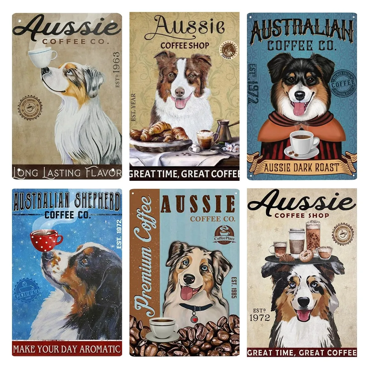 

Vintage Metal Sign Long Lasting Flavor Australian Shepherd Coffee Poster Metal Sign Decor for Home Office and Farmhouse 12x8 In